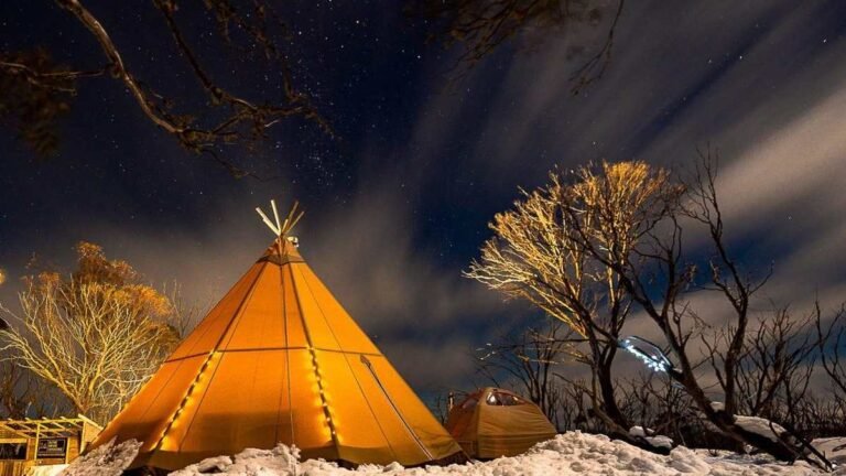 Four-season expedition tent pitched on snow in the Snowy Mountains