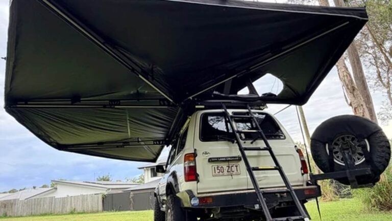270 degree 4WD awning providing shade over a beach campsite in Australia