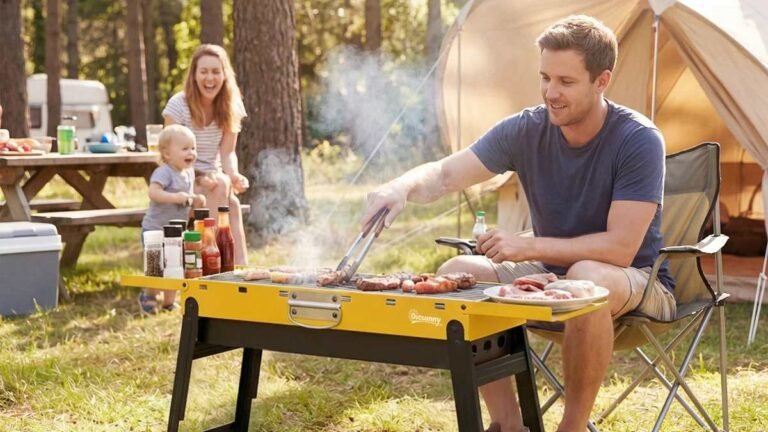 Portable camping BBQ cooking sausages at a campsite