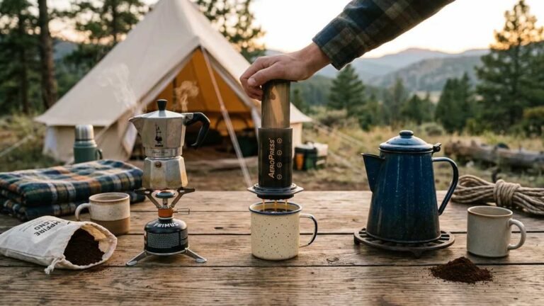 Brewing coffee with an AeroPress at a campsite