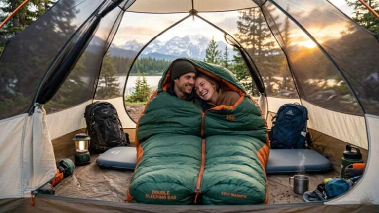 Couple sharing a double sleeping bag in a tent