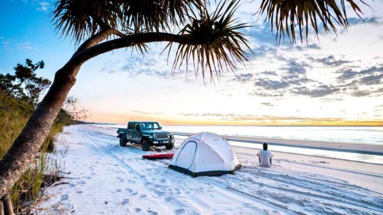 Beach camping with 4WD on K'gari Fraser Island Queensland