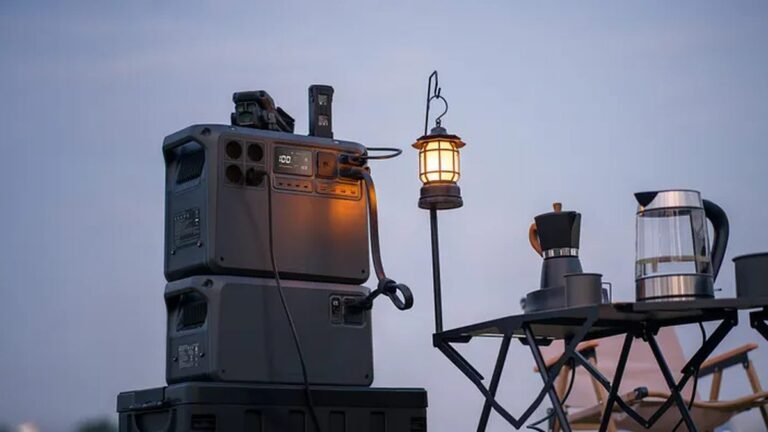 Portable power station running camp lights with phone charging